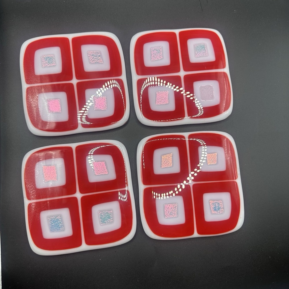 Fused Art Glass Coasters Barware Iridescent Red Geometric Multicolored MCM 4x
